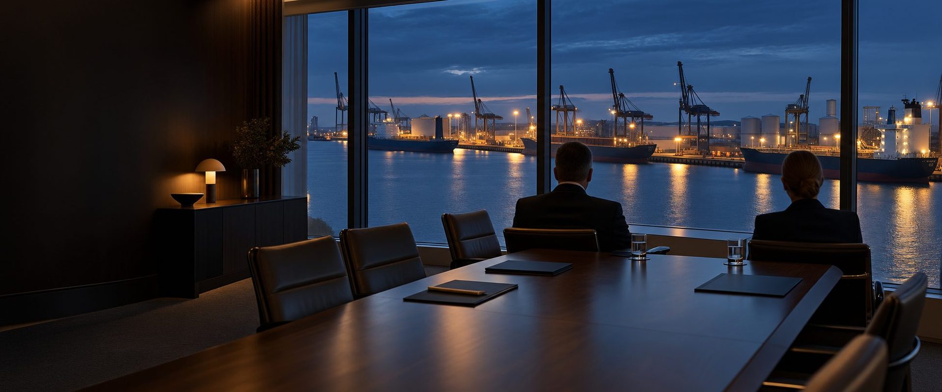 A meeting space overlooking a commercial harbour