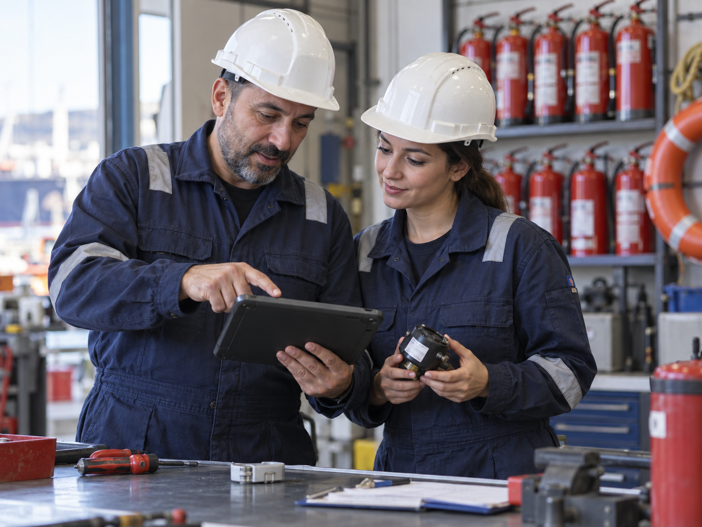 Illustrative scene of an experienced marine safety engineer mentoring a colleague in a workshop