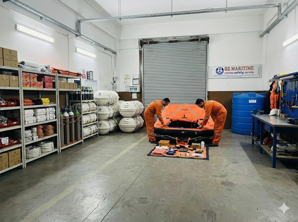 Liferaft service station with raft and container storage