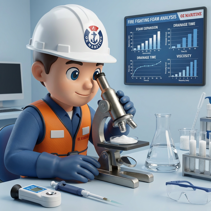 Finn, the OZ Maritime mascot, examining a sample through a laboratory microscope.