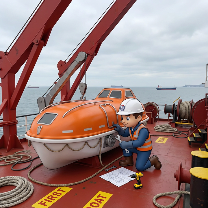 Finn, the OZ Maritime mascot, inspecting an orange lifeboat beneath its davit.