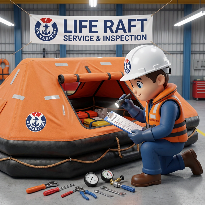 Finn, the OZ Maritime mascot, checking an orange liferaft in the service station.