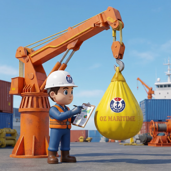 Finn, the OZ Maritime mascot, beside a crane and a yellow load-test water bag.
