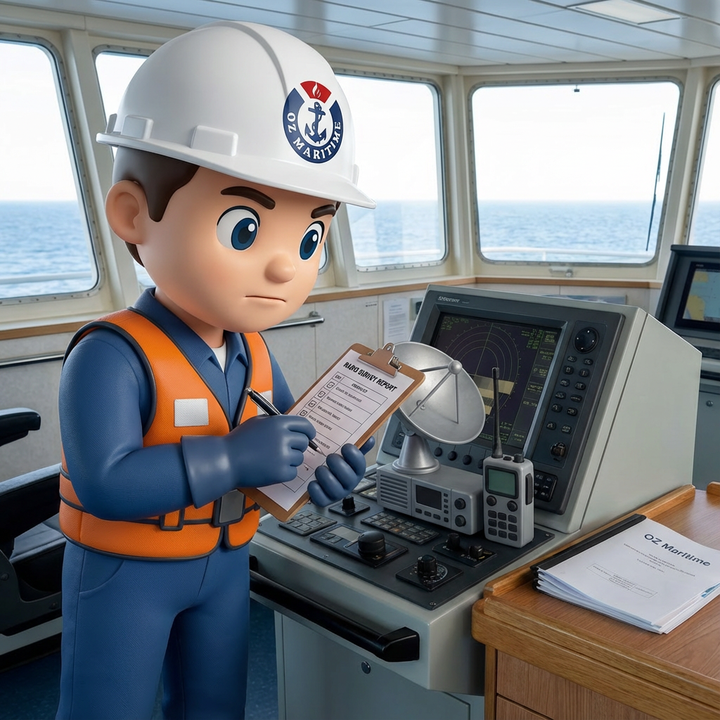 Finn, the OZ Maritime mascot, checking marine radio equipment on a vessel's bridge.