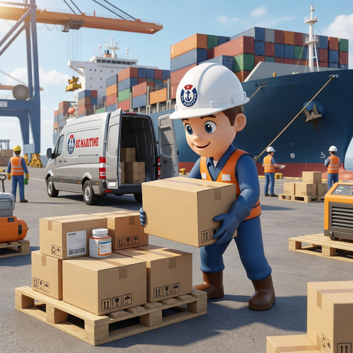 Finn, the OZ Maritime mascot, preparing cartons of marine supplies beside a vessel.