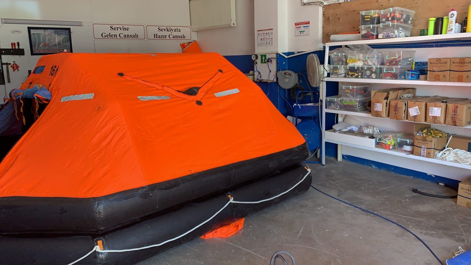 Liferaft prepared in the service workshop