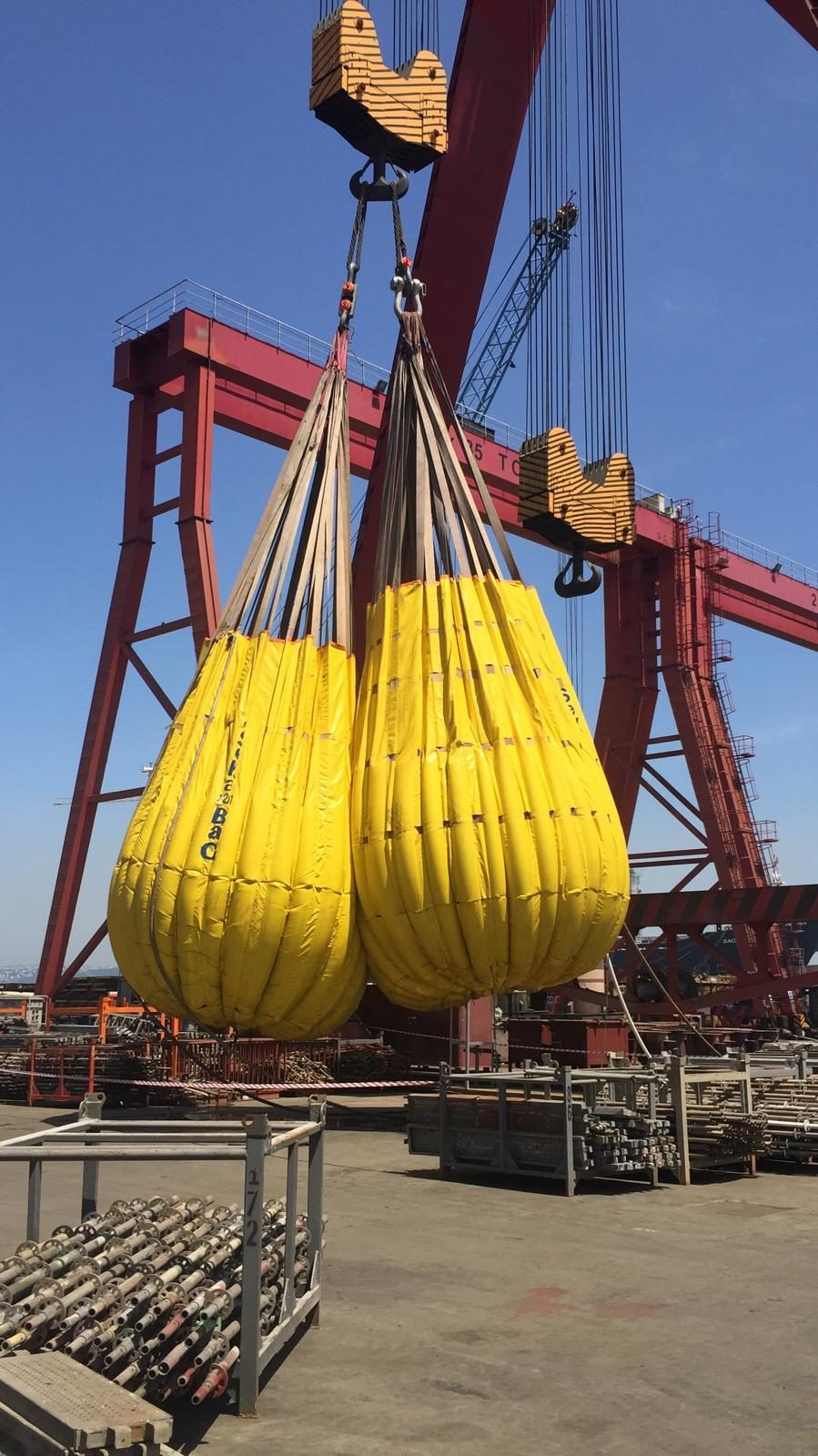 Water-bag load test under a quayside crane