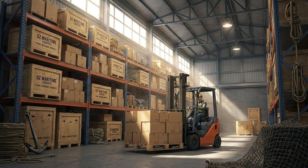 Marine supplies stored in a warehouse ready for dispatch