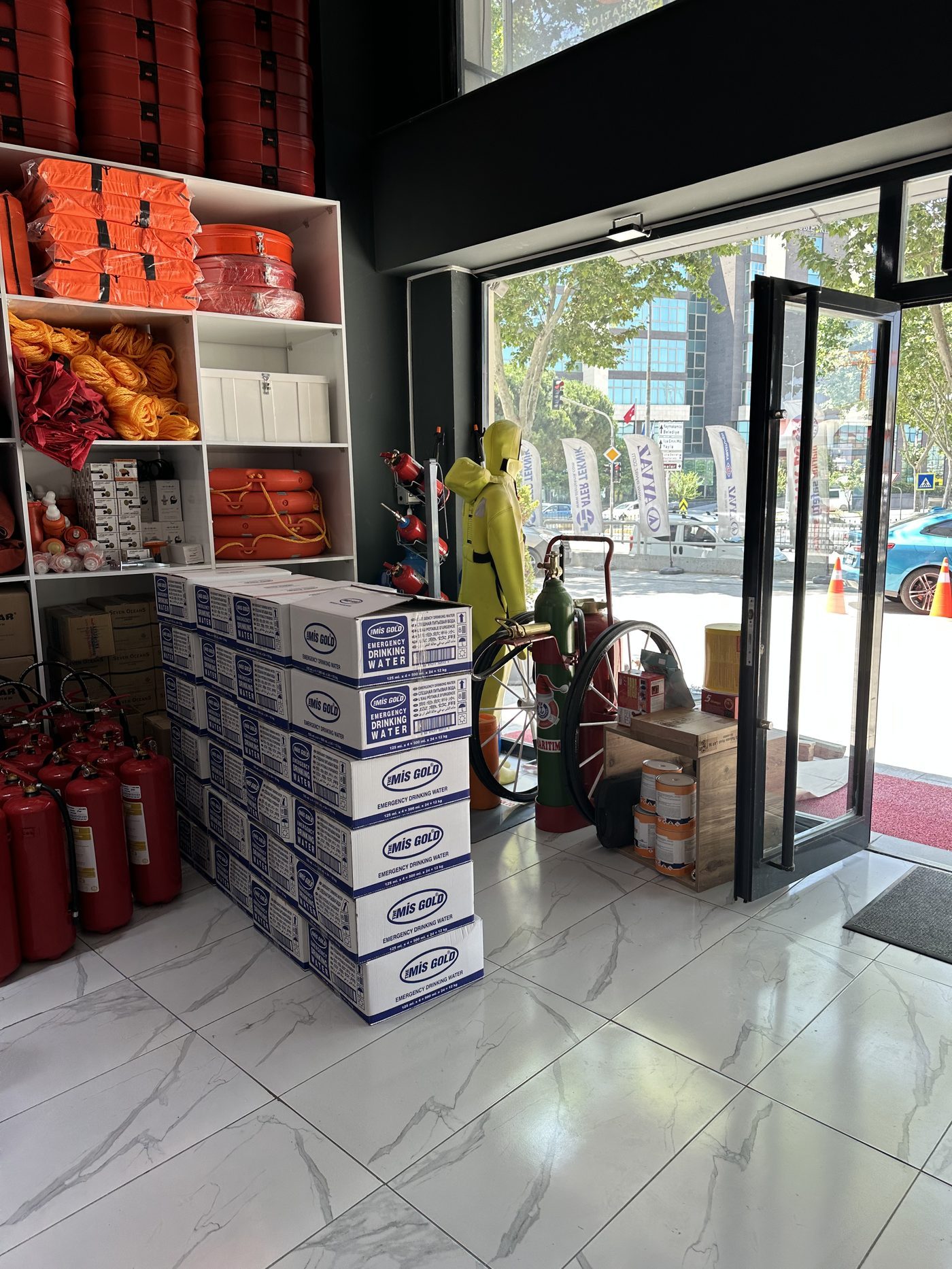 Safety equipment and boxed supplies in the OZ Maritime stores