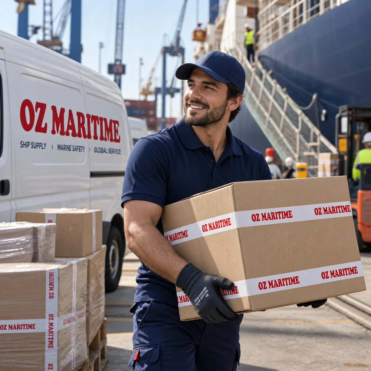 OZ Maritime ship supply specialist delivering equipment beside a vessel