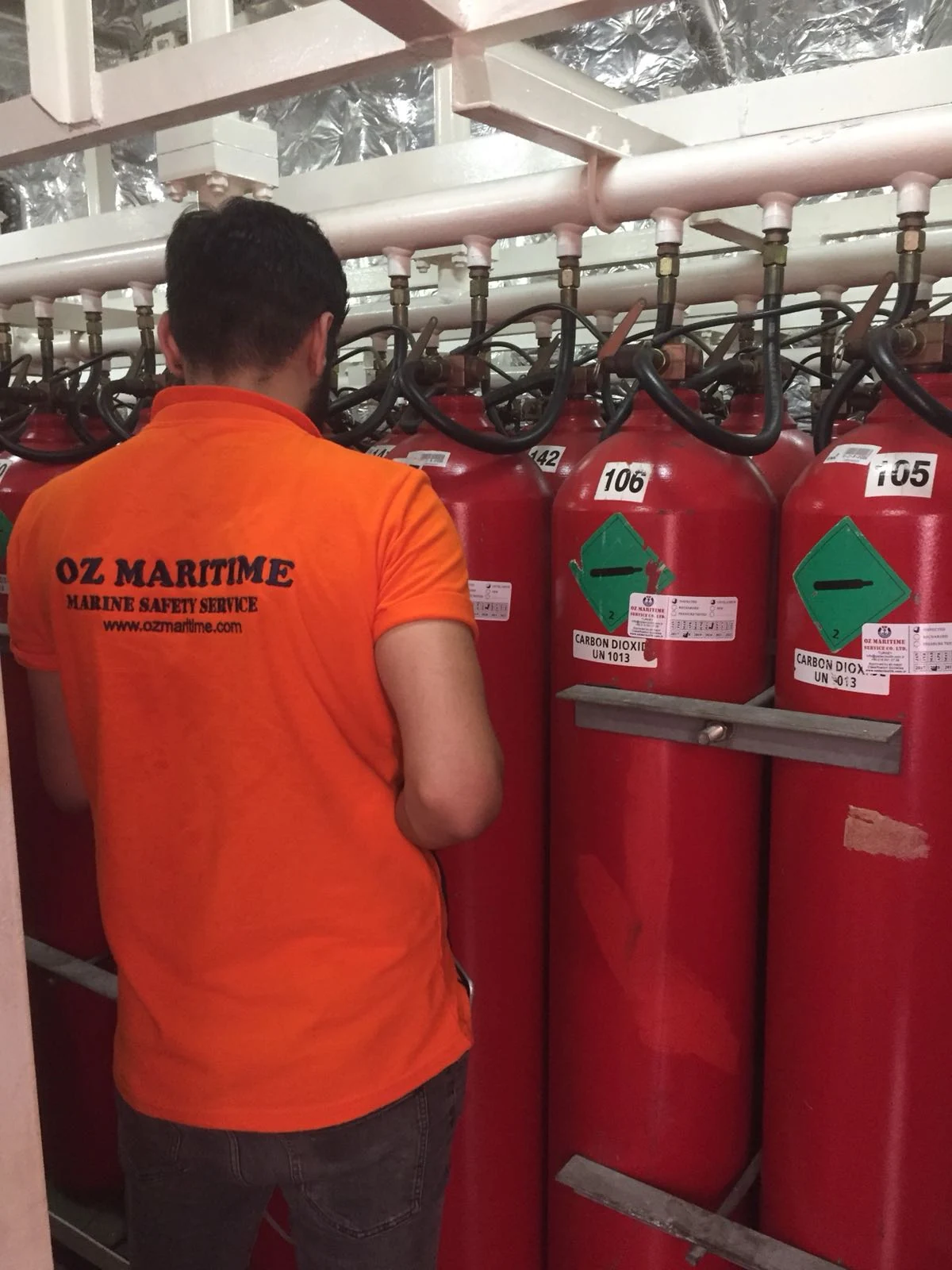 OZ Maritime technician inspecting a fixed fire-fighting system