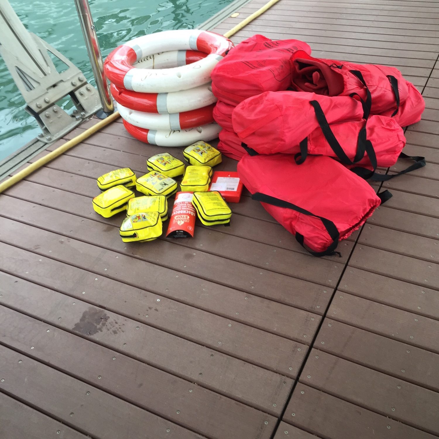 Life-saving equipment prepared on a yacht deck