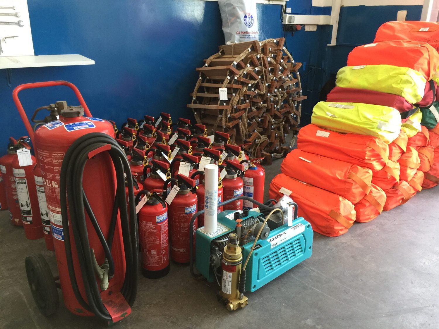 Fire-fighting and life-saving equipment prepared for yacht service